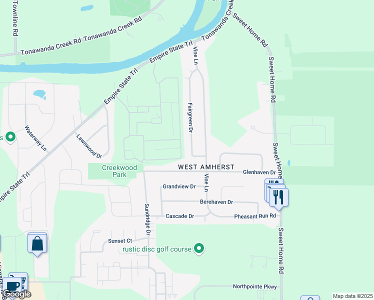map of restaurants, bars, coffee shops, grocery stores, and more near 166 Fairgreen Drive in Buffalo