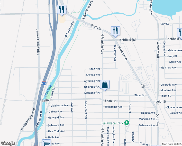 map of restaurants, bars, coffee shops, grocery stores, and more near 1734 Utah Avenue in Flint
