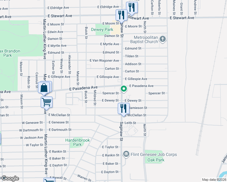 map of restaurants, bars, coffee shops, grocery stores, and more near 617 East Pasadena Avenue in Flint