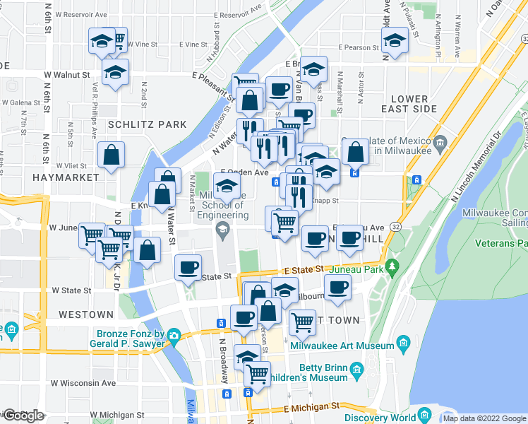 map of restaurants, bars, coffee shops, grocery stores, and more near 1319 North Jackson Street in Milwaukee