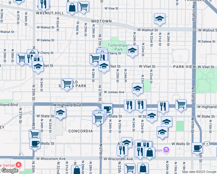 map of restaurants, bars, coffee shops, grocery stores, and more near 1239 North 26th Street in Milwaukee
