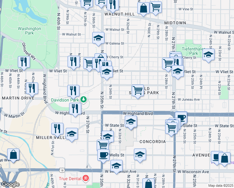 map of restaurants, bars, coffee shops, grocery stores, and more near 3301 West Mc Kinley Boulevard in Milwaukee