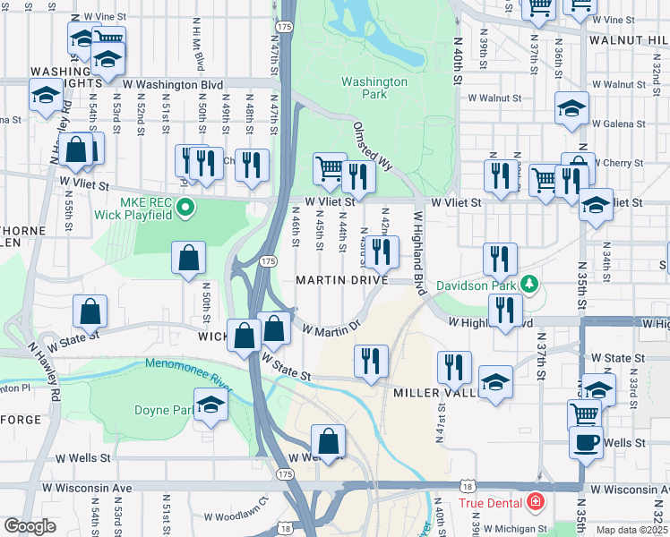 map of restaurants, bars, coffee shops, grocery stores, and more near 1244 North 44th Street in Milwaukee