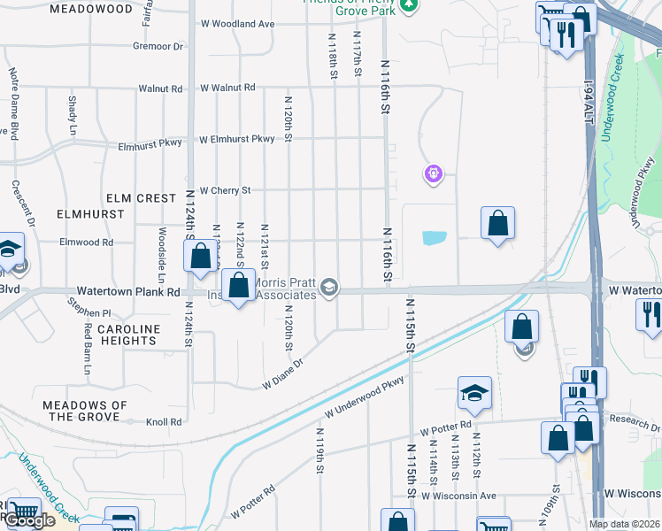 map of restaurants, bars, coffee shops, grocery stores, and more near 1260 North 119th Street in Wauwatosa