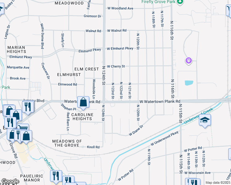 map of restaurants, bars, coffee shops, grocery stores, and more near 1266 North 123rd Street in Wauwatosa