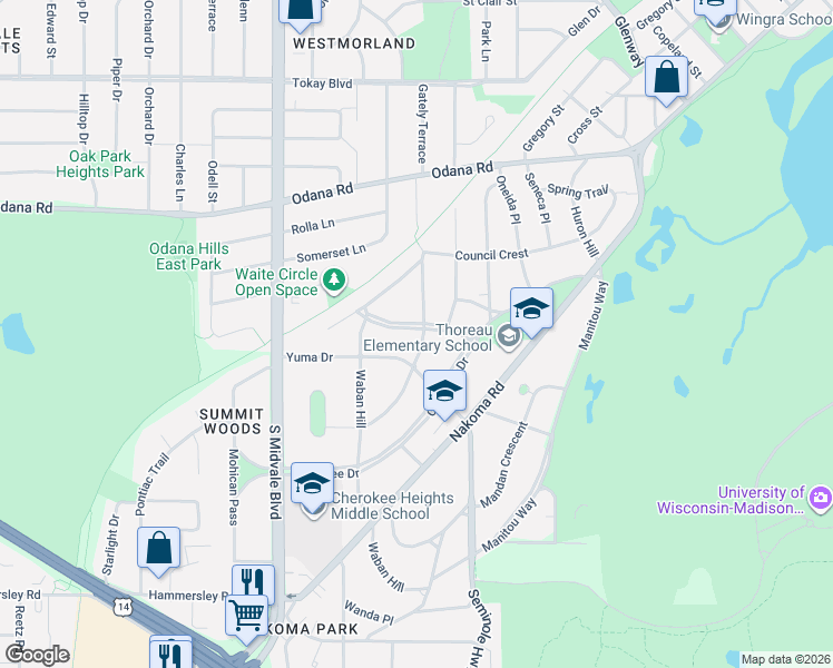 map of restaurants, bars, coffee shops, grocery stores, and more near 4114 Chippewa Drive in Madison