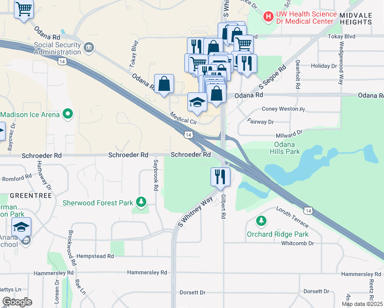 map of restaurants, bars, coffee shops, grocery stores, and more near 5606 Schroeder Road in Madison