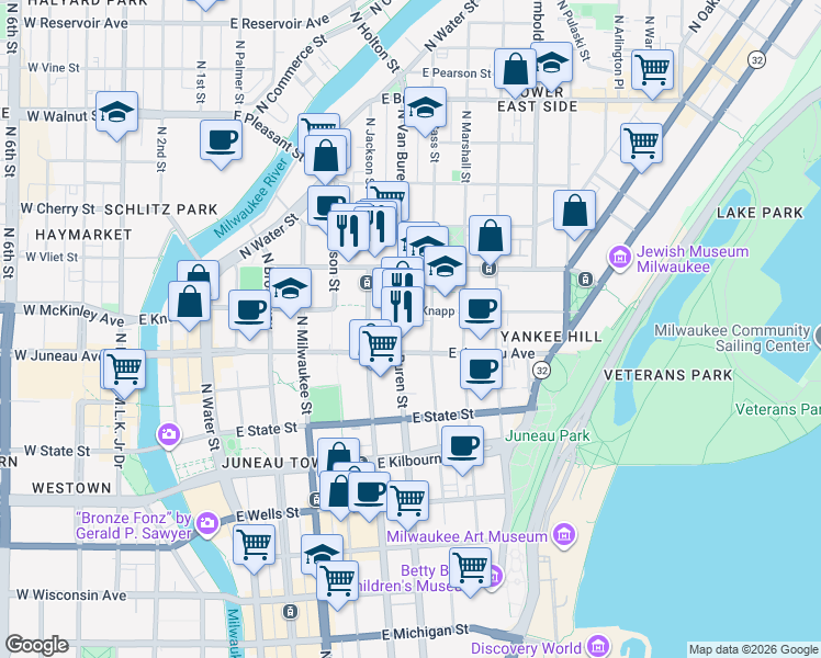 map of restaurants, bars, coffee shops, grocery stores, and more near 1230 North Van Buren Street in Milwaukee
