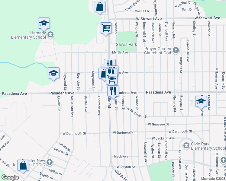 map of restaurants, bars, coffee shops, grocery stores, and more near 3402 Clio Road in Flint