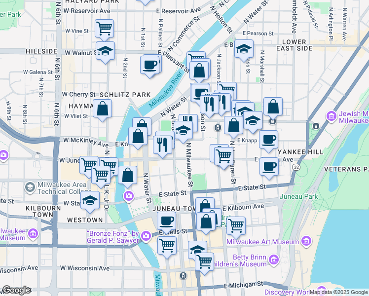 map of restaurants, bars, coffee shops, grocery stores, and more near 1227 North Milwaukee Street in Milwaukee