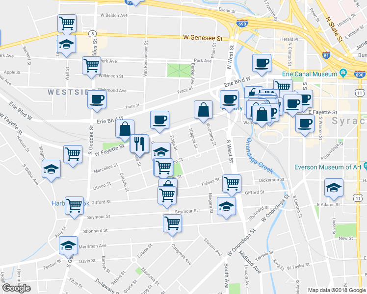 map of restaurants, bars, coffee shops, grocery stores, and more near 317 Marcellus Street in Syracuse