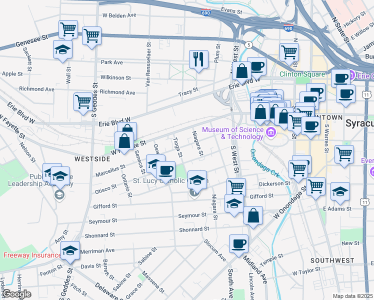 map of restaurants, bars, coffee shops, grocery stores, and more near 317 Marcellus Street in Syracuse
