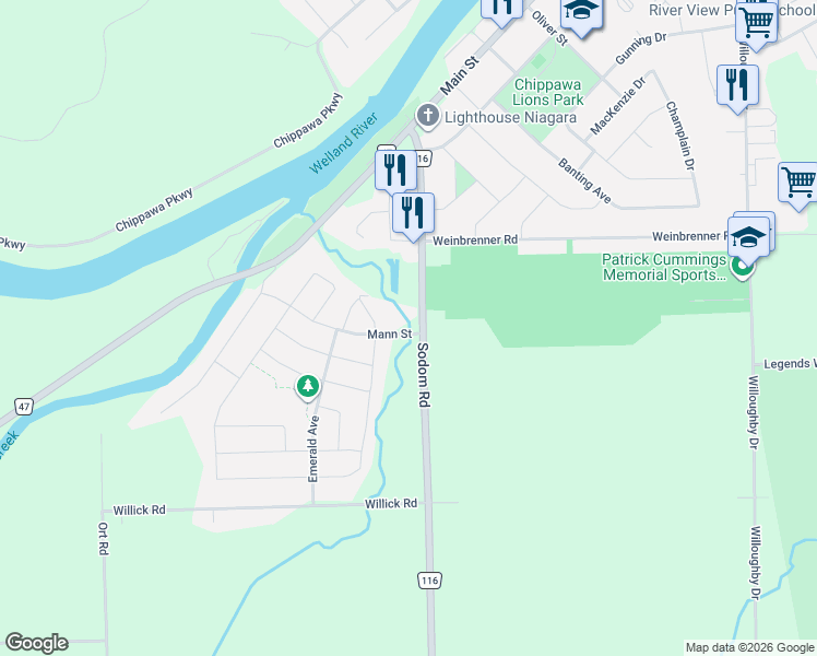 map of restaurants, bars, coffee shops, grocery stores, and more near 9035 Sodom Road in Niagara Falls
