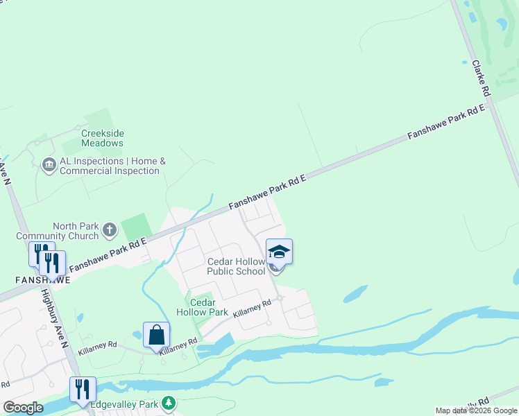 map of restaurants, bars, coffee shops, grocery stores, and more near 1924 Cedarhollow Boulevard in London