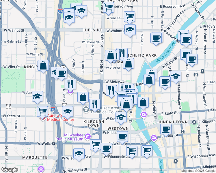 map of restaurants, bars, coffee shops, grocery stores, and more near 550 West Juneau Avenue in Milwaukee