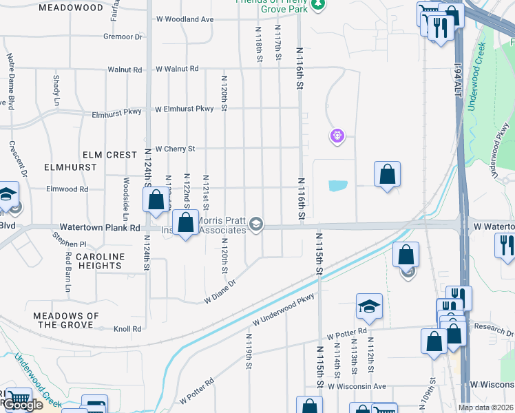 map of restaurants, bars, coffee shops, grocery stores, and more near 1260 North 119th Street in Wauwatosa