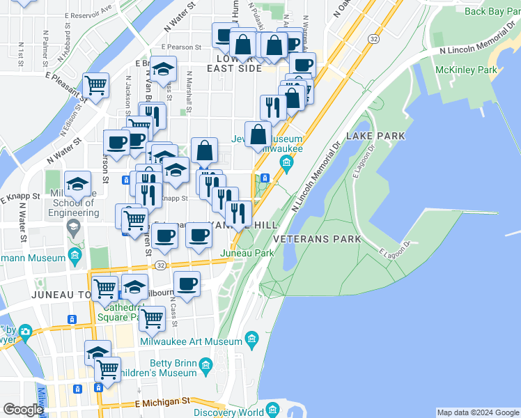 map of restaurants, bars, coffee shops, grocery stores, and more near 1260 North Prospect Avenue in Milwaukee