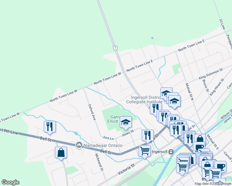 map of restaurants, bars, coffee shops, grocery stores, and more near 285 Thames Street North in Ingersoll