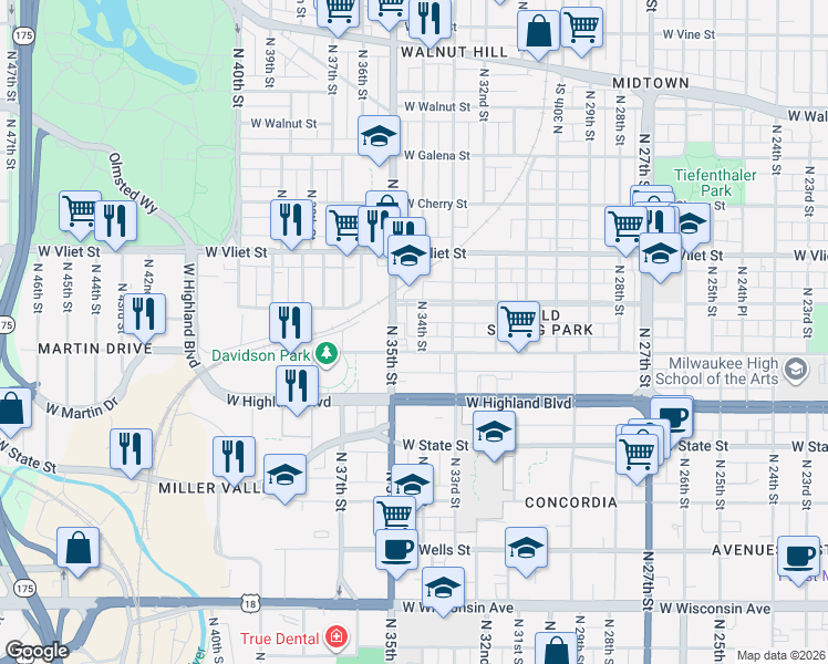map of restaurants, bars, coffee shops, grocery stores, and more near in Milwaukee