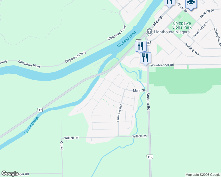 map of restaurants, bars, coffee shops, grocery stores, and more near 4495 Saw Mill Drive in Niagara Falls