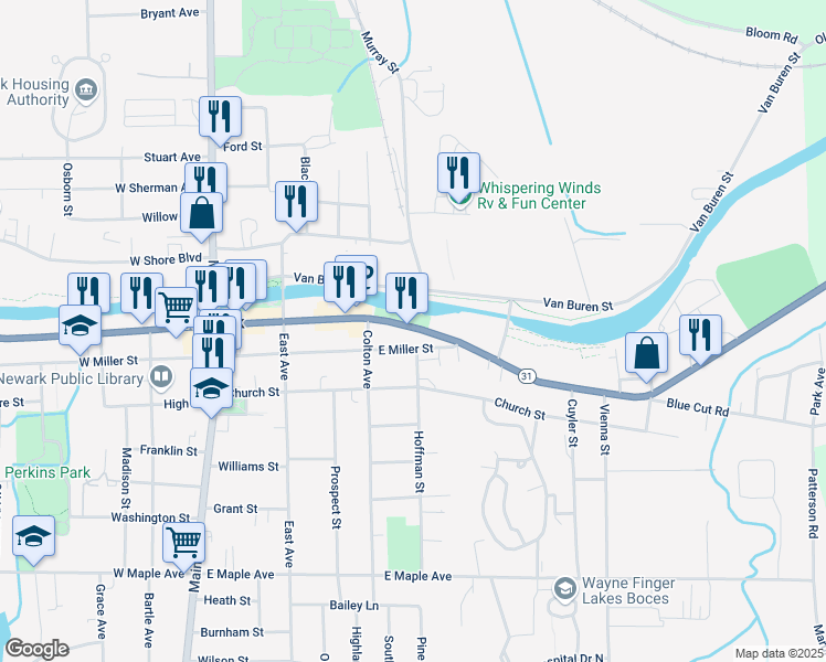 map of restaurants, bars, coffee shops, grocery stores, and more near 321 East Union Street in Newark