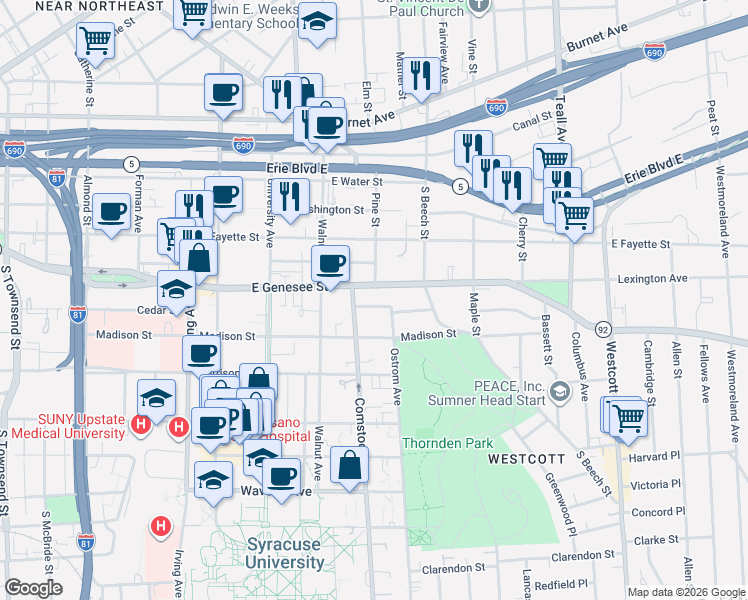 map of restaurants, bars, coffee shops, grocery stores, and more near in Syracuse