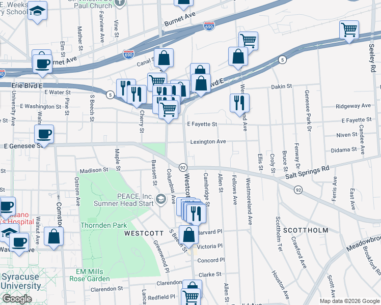 map of restaurants, bars, coffee shops, grocery stores, and more near 205 Westcott Street in Syracuse