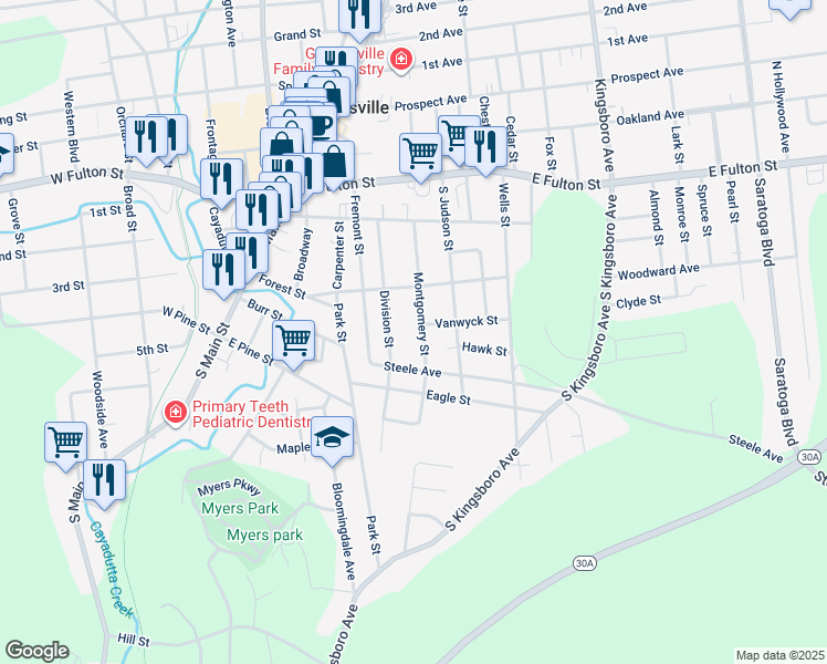 map of restaurants, bars, coffee shops, grocery stores, and more near 61 Division Street in Gloversville