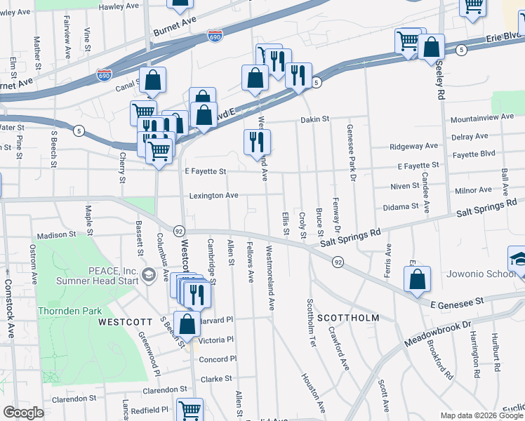 map of restaurants, bars, coffee shops, grocery stores, and more near 409 Westmoreland Avenue in Syracuse