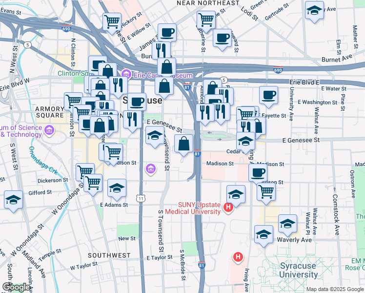 map of restaurants, bars, coffee shops, grocery stores, and more near 90 Presidential Court in Syracuse