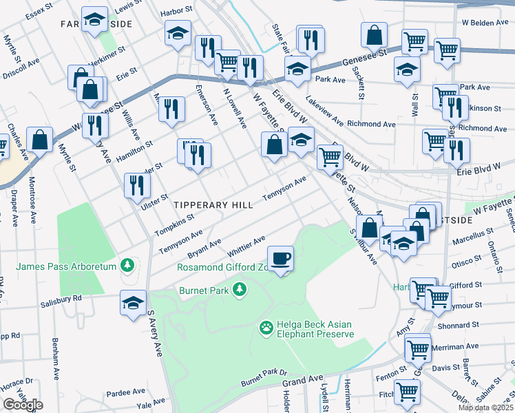 map of restaurants, bars, coffee shops, grocery stores, and more near 405 Tompkins Street in Syracuse