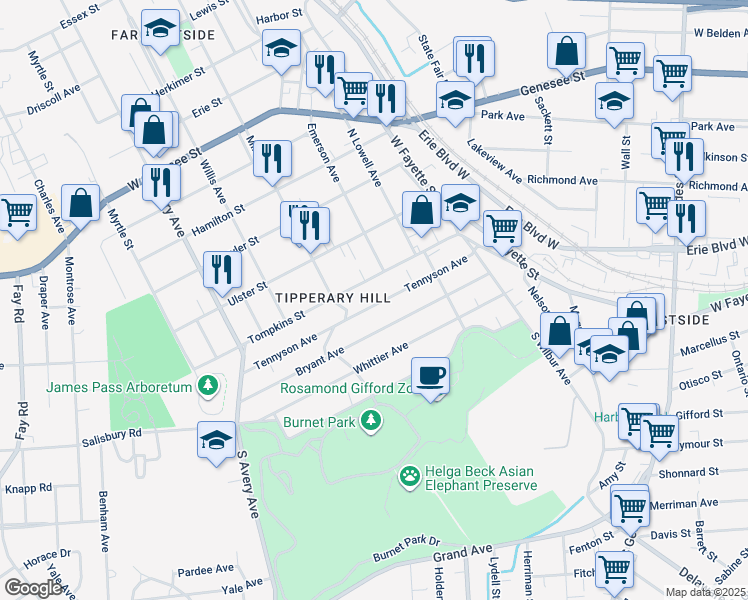 map of restaurants, bars, coffee shops, grocery stores, and more near 405 Tompkins Street in Syracuse