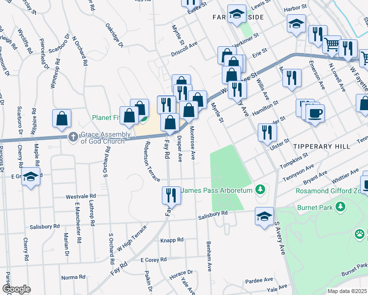 map of restaurants, bars, coffee shops, grocery stores, and more near 206 Montrose Avenue in Syracuse
