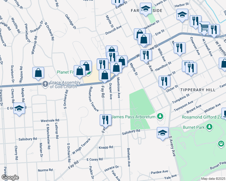 map of restaurants, bars, coffee shops, grocery stores, and more near 206 Montrose Avenue in Syracuse