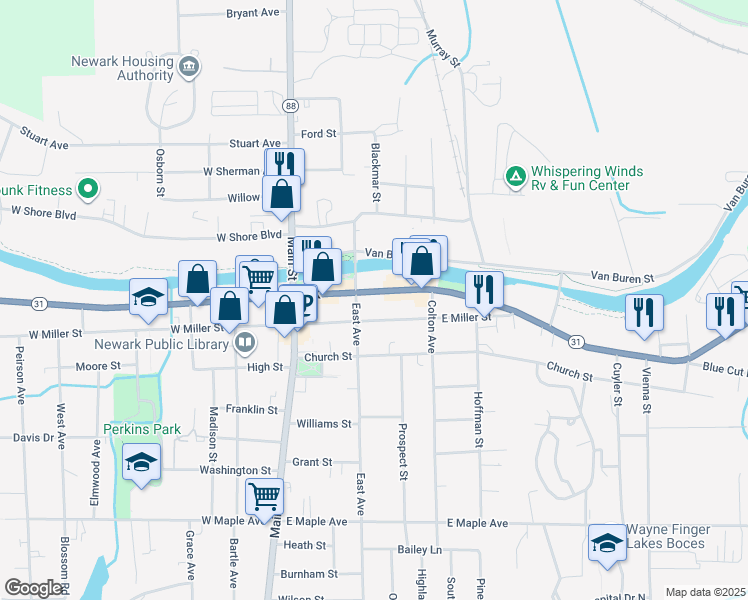 map of restaurants, bars, coffee shops, grocery stores, and more near 180 East Union Street in Newark