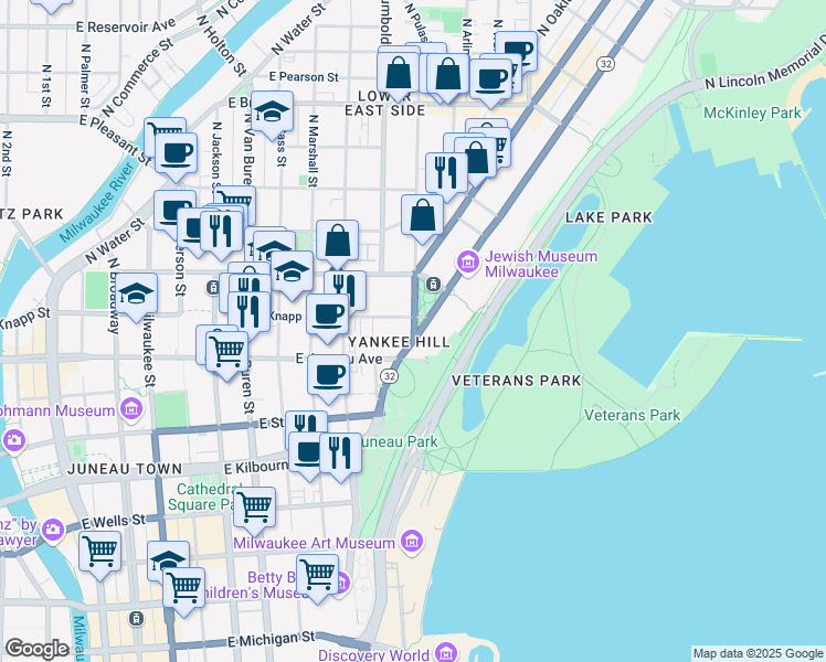 map of restaurants, bars, coffee shops, grocery stores, and more near 1313 North Franklin Place in Milwaukee