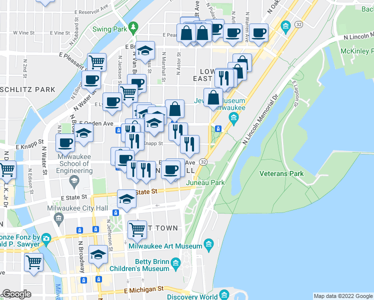 map of restaurants, bars, coffee shops, grocery stores, and more near 1032 East Knapp Street in Milwaukee