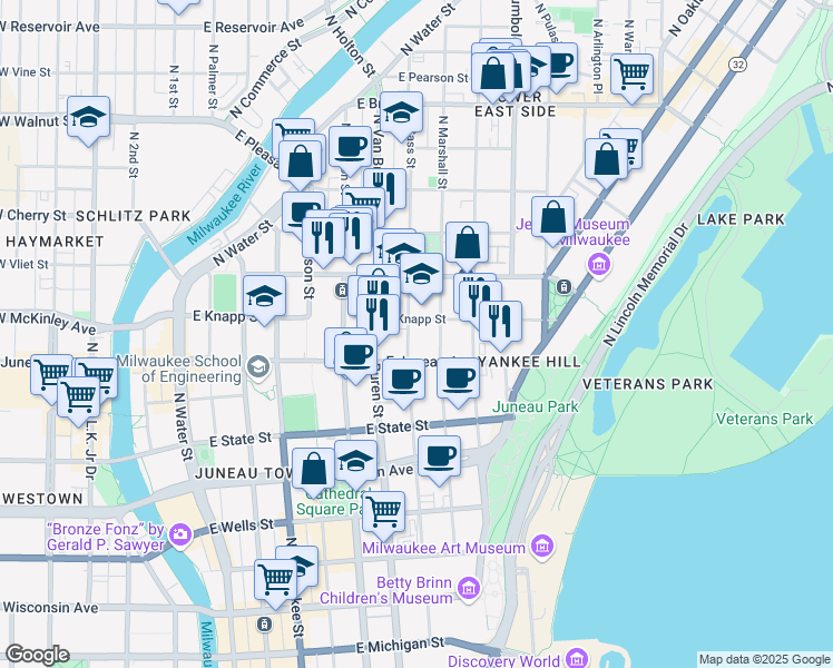 map of restaurants, bars, coffee shops, grocery stores, and more near 817 East Knapp Street in Milwaukee