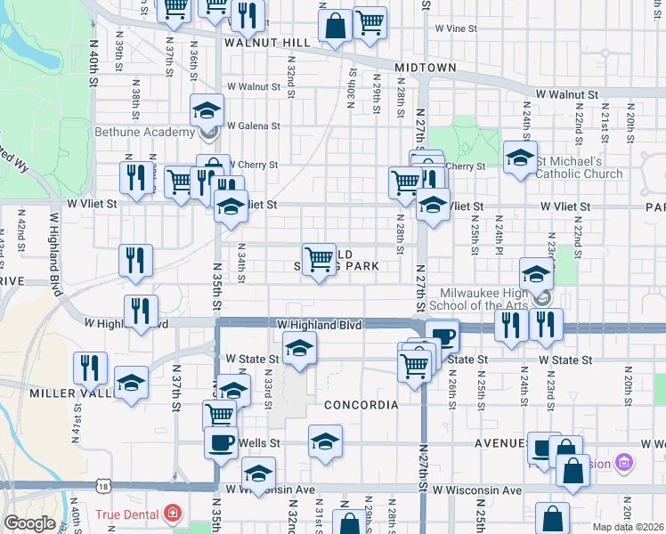 map of restaurants, bars, coffee shops, grocery stores, and more near 1242 North 31st Street in Milwaukee