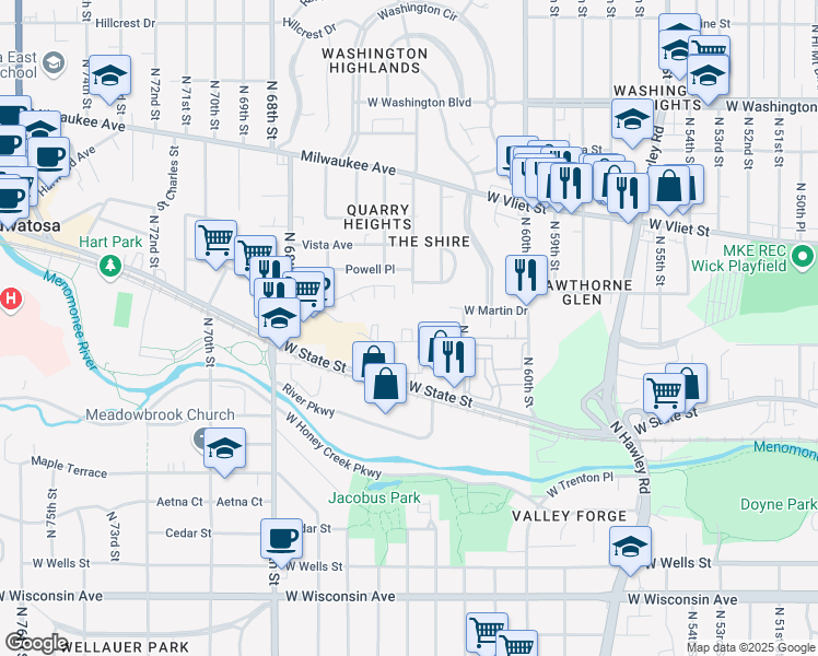 map of restaurants, bars, coffee shops, grocery stores, and more near 1219 North 62nd Street in Wauwatosa