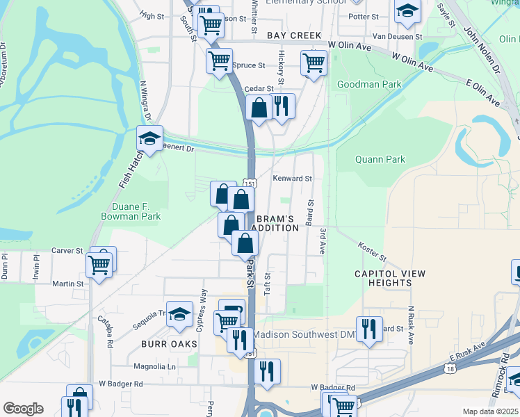 map of restaurants, bars, coffee shops, grocery stores, and more near 1831 South Park Street in Madison