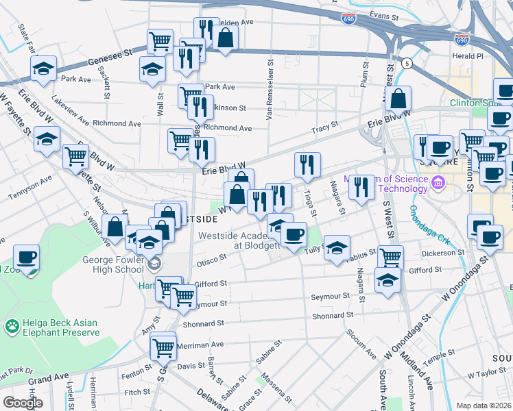 map of restaurants, bars, coffee shops, grocery stores, and more near 831 West Fayette Street in Syracuse