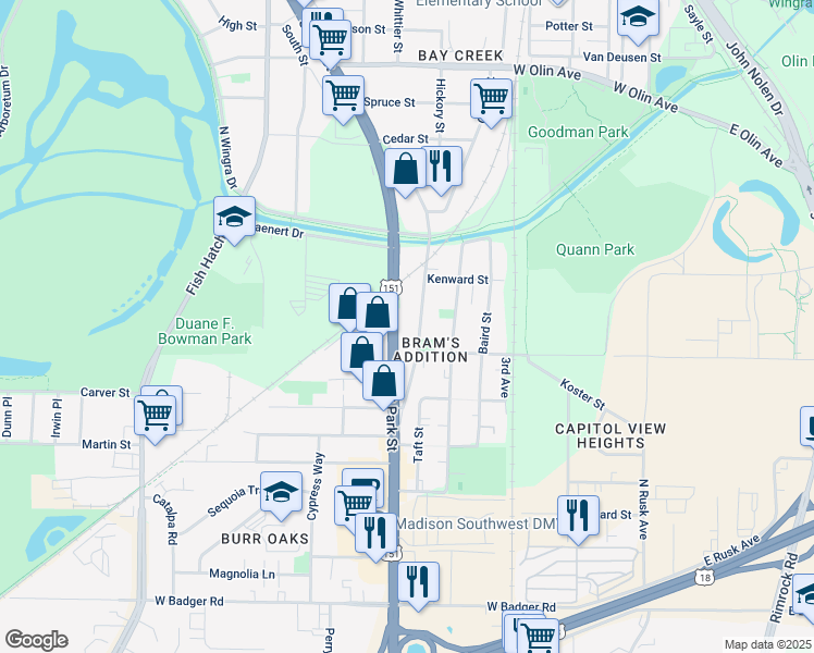 map of restaurants, bars, coffee shops, grocery stores, and more near 1831 South Park Street in Madison