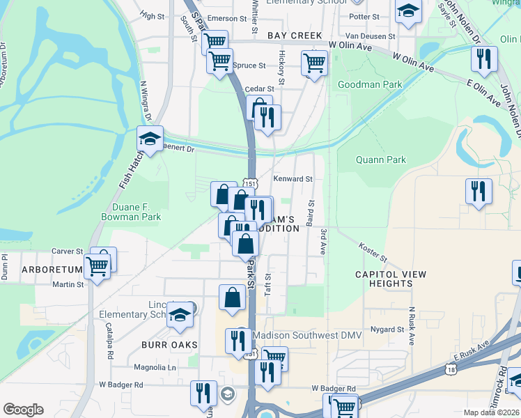 map of restaurants, bars, coffee shops, grocery stores, and more near 1831 South Park Street in Madison