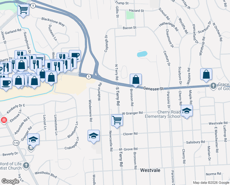 map of restaurants, bars, coffee shops, grocery stores, and more near 3201 West Genesee Street in Syracuse
