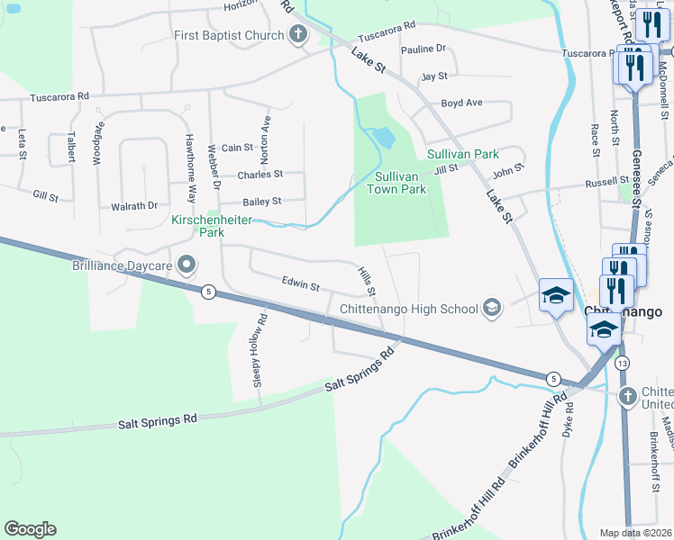 map of restaurants, bars, coffee shops, grocery stores, and more near 226 Hills Street in Chittenango