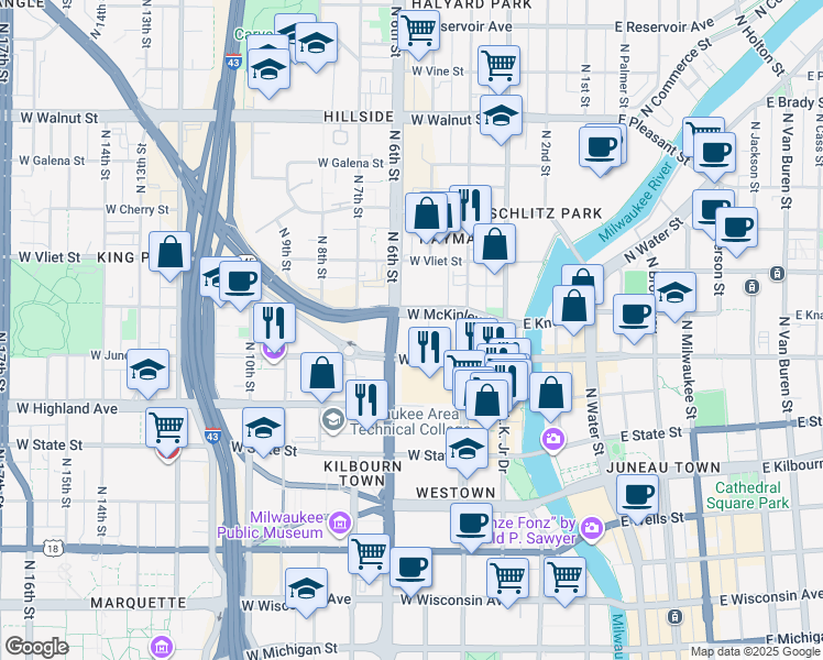 map of restaurants, bars, coffee shops, grocery stores, and more near 519 West McKinley Avenue in Milwaukee