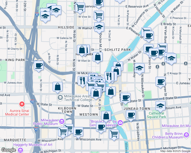 map of restaurants, bars, coffee shops, grocery stores, and more near 1253 North Old World 3rd Street in Milwaukee