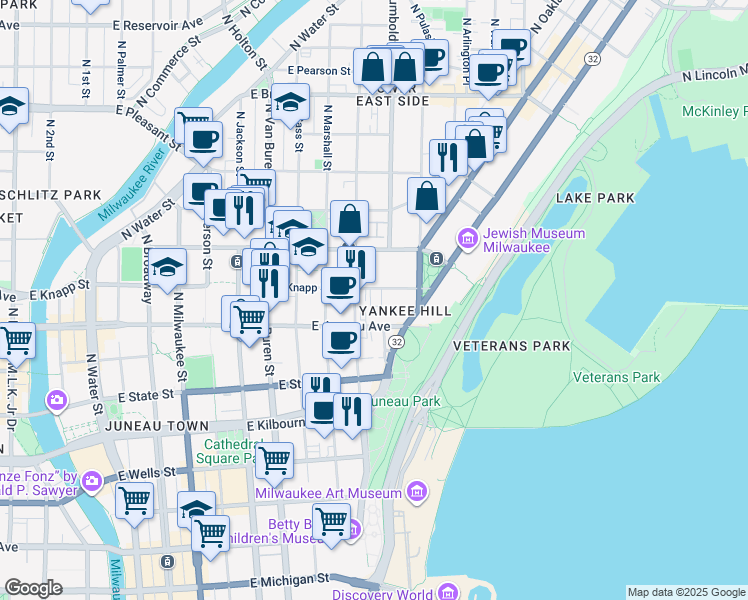 map of restaurants, bars, coffee shops, grocery stores, and more near 1029 East Knapp Street in Milwaukee