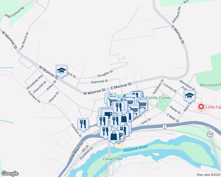 map of restaurants, bars, coffee shops, grocery stores, and more near 185 Highway 170 in Little Falls
